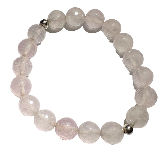 VINTAGE FACETED ROSE QUARTZ 10MM BEADS W SILVER TONE BEADS STRETCH BRACELET - Picture 7 of 8